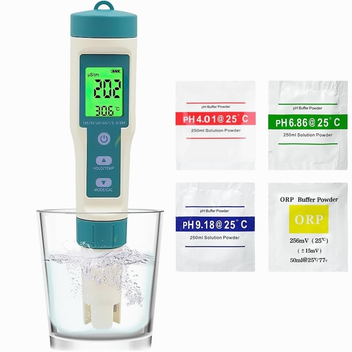 Tester Profesional Calitate Apa OBEST, 8 in 1, Verificare digitala de inalta precizie a pH si TDS, Puritate/Temperatura, Aciditate/Alcaline, verde