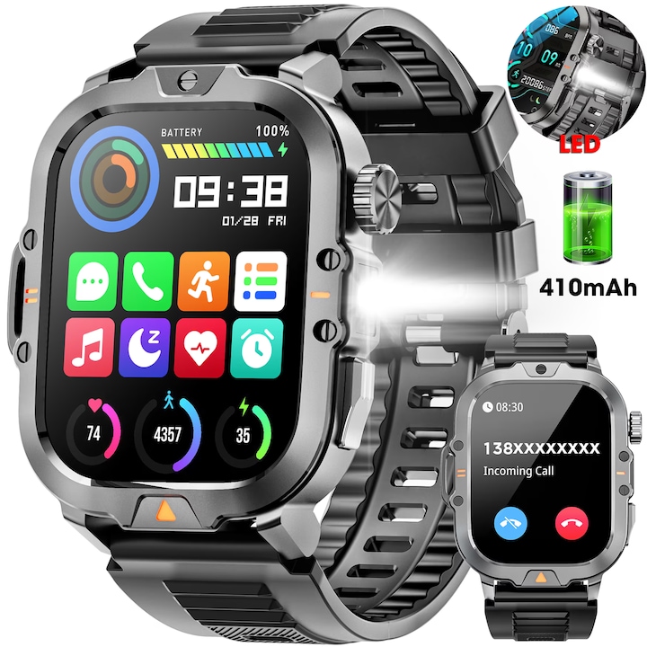 Carkira V17 okosóra 2,01 hüvelykes képernyős karórák Bluetooth hívó lépésszámláló Intelligens üzenet figyelmeztetések Fitness Tracker 100+ edzésmódok Alváskövető pulzusszám Vízálló IP68 szürke
