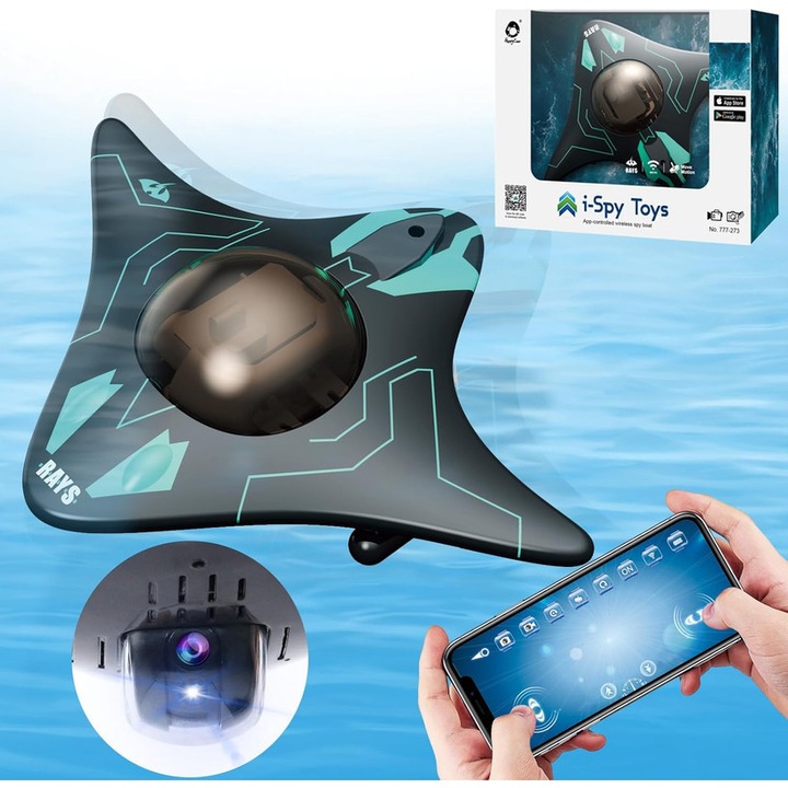 Barca cu telecomanda OBEST, camera HD ajustabila, LED, operare APP, 19x15x6cm, negru