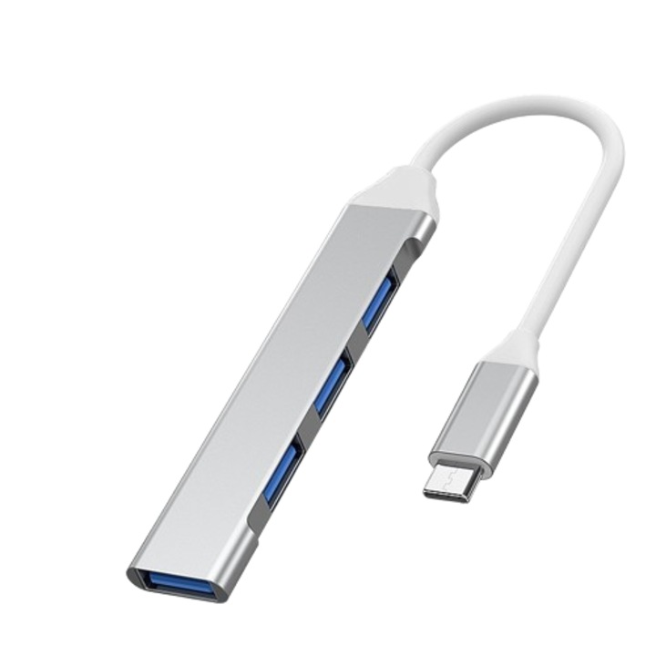 Hub multifunctional de andocare pentru interfata de tip C 3.0, inclusiv 4 interfete USB 2.0, argintiu
