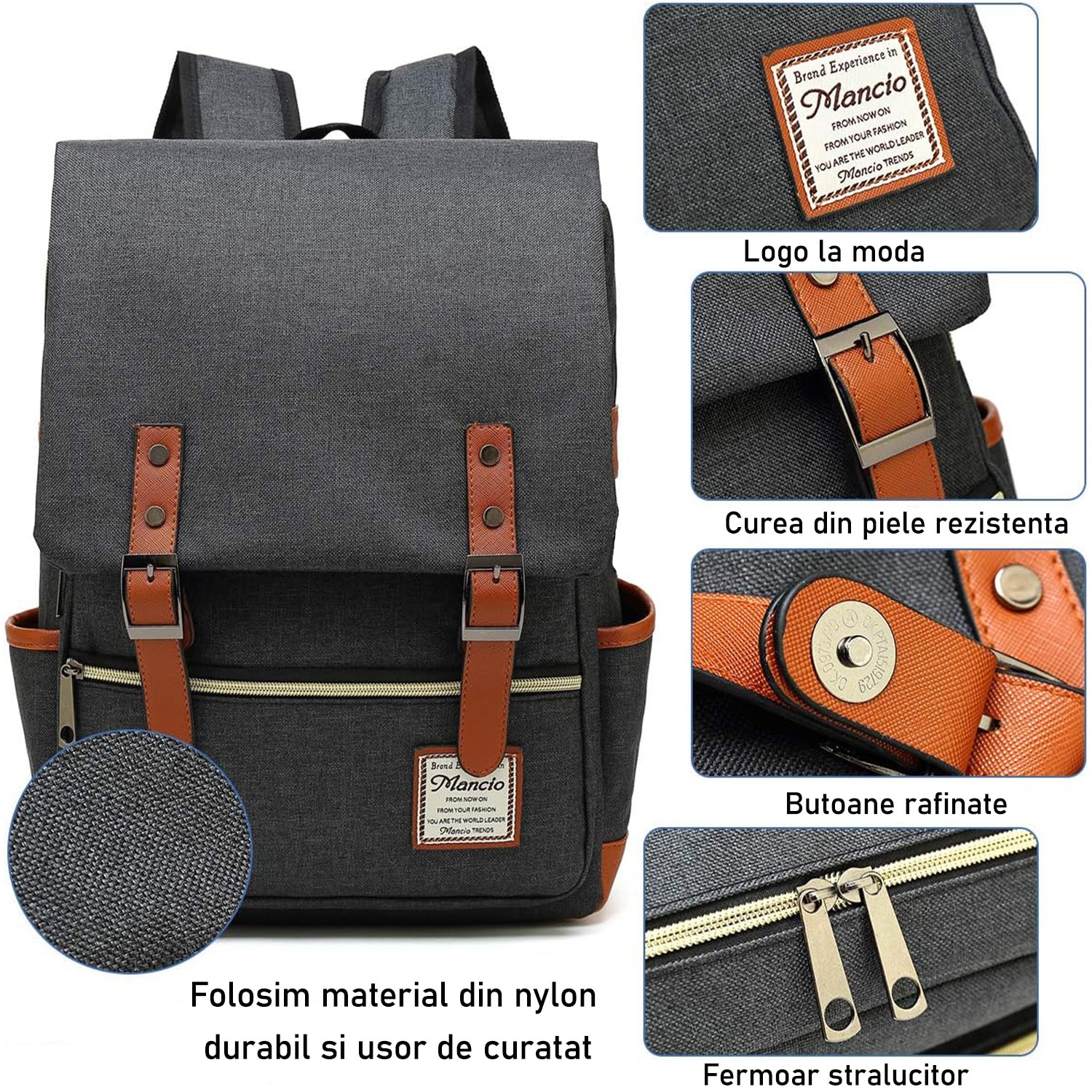 Rucsac Laptop, BYONDSELF®, cu Mouse Pad, Curea de Umar Reglabila, 15.6″, 5 Compartimente Interioare, Rezistent la Apa, 2 Buzunar Frontal, Panza Oxford, Gri
