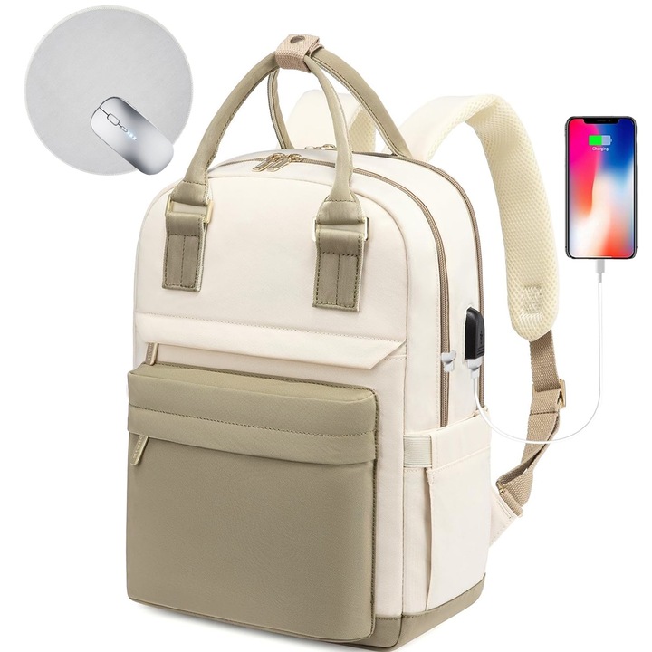 Раница за лаптоп, BYONDSELF®, с подложка за мишка, фиксираща каишка, USB порт, 15,6″, регулируема презрамка за рамо, 4 вътрешни отделения, водоустойчива, найлон, каки