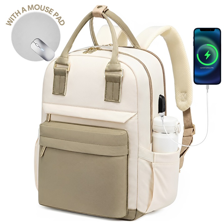 Rucsac Laptop Dama, BYONDSELF®, cu Mouse Pad, Curea de Fixare, Port USB, 15.6″, Curea de Umar Reglabila, 4 Compartimente Interioare, Rezistent la Apa, Nailon, Kaki