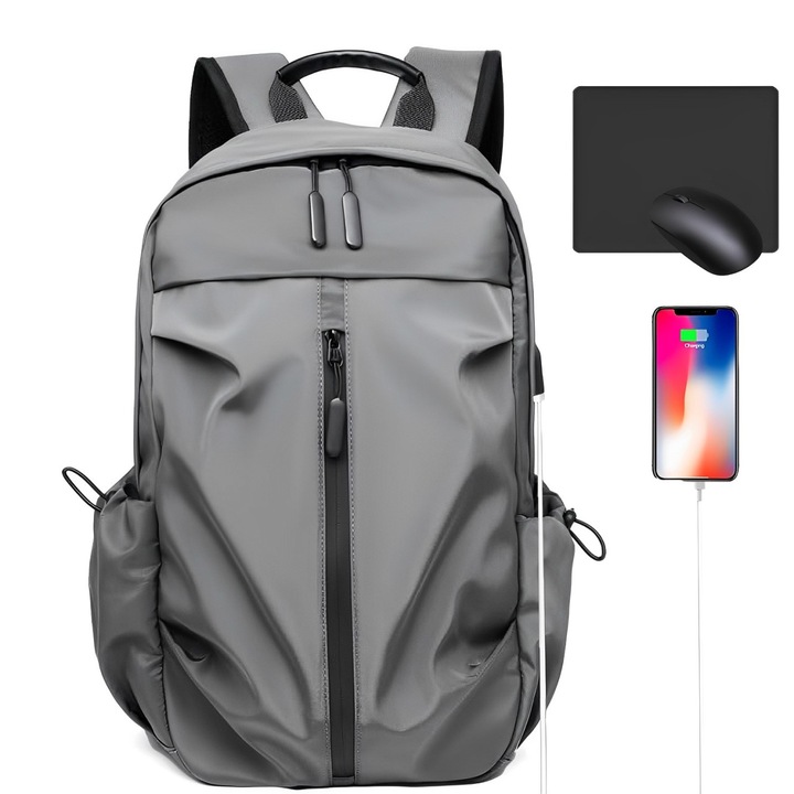 Раница за лаптоп, BYONDSELF®, с подложка за мишка, USB порт, 15,6″, регулируема презрамка, 8 джоба, 2 вътрешни отделения, водоустойчива, сива