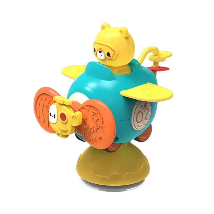 Jucarie interactiva, senzoriala multifunctionala cu ventuze, cu Spinner, Avion detasabil si parti moi pentru dentitie