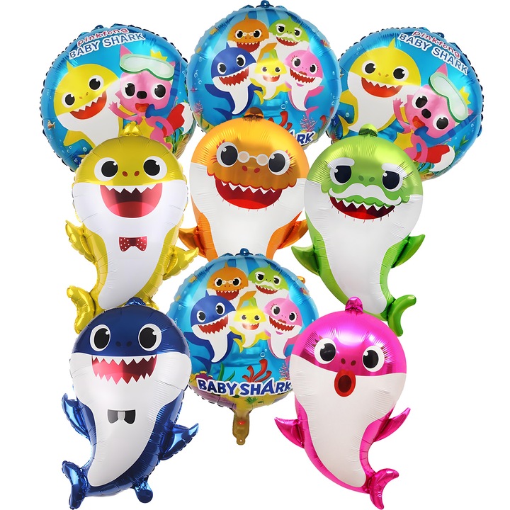 Születésnapi lufi készlet, Babyshark, fólia, tarka, 9 db.