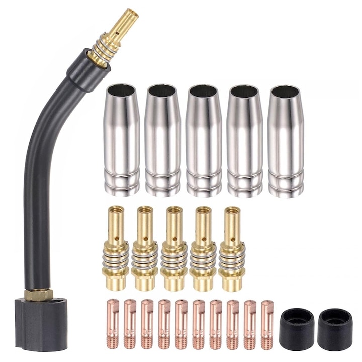 24 db-os hegesztőgép-tartozék készlet, Autovágók, 0,8 mm-es érintkezőfúvókák, Gázpohár, Összekötő rúd, MIG MB15/15AK-hoz