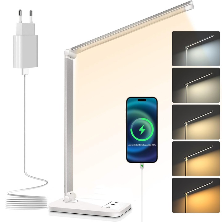 LED настолна лампа, Kenoeestar®, защита за очите, 5 режима на студена светлина, 10 нива на интензитет, сензорно управление, автоматичен таймер 30/60 мин, 2700k-6000k, сребристо бяло