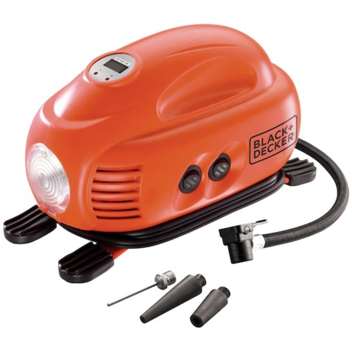 Compresor auto portabil Black & Decker ASI200, 8.27bar/121PSI, adaptor 12V DC bricheta, display LED, debit aer 11L/min, lanterna, functie setare presiune automata, cablu alimentare 3.1m, accesorii