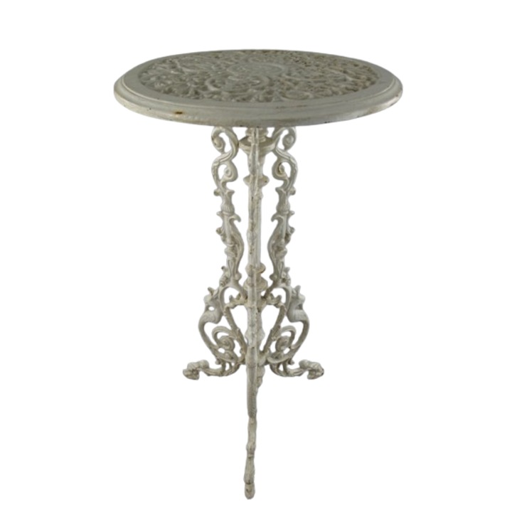 Masa vintage pentru exterior, fier antic, alb, H. 70cm, D. 36 cm