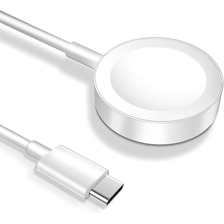 Безжично зарядно за Apple Watch, Aurov, Type C кабел, съвместими IWatch Series 1/2/3/4/5/6/7/8/SE/Nike+, 38-44 mm, Fast Charger, 1 m кабел, Бял