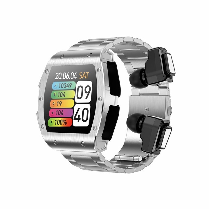 Смарт часовник 2 в 1 с Bluetooth слушалки, HD IPS 1.91" сензорен екран, наблюдение на спортната активност, сребрист, водоустойчив IP67