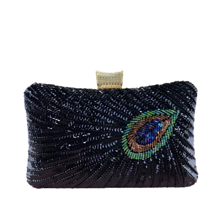 Elegáns borítéktáska, AZeira, kézzel készített, gyöngyökből és flitterekből hímzett, 20x12x5 cm, fekete