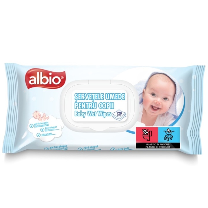 Servetele umede pentru copii Albio, alb, 120 buc / pachet