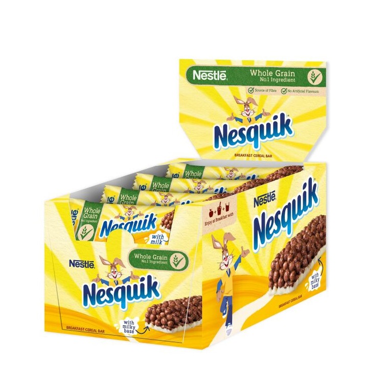 Кутия зърнени десерти NESTLE Nesquik, с бяла плочка, 16 бр. х 25 g