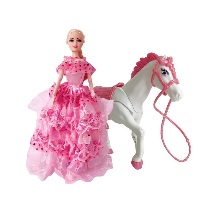 Set papusa, Printesa Elsa cu cal alb, snow horse, 5 accesorii detasabile, articulatii flexibile, 28 cm, roz, HAPPY JOKER®