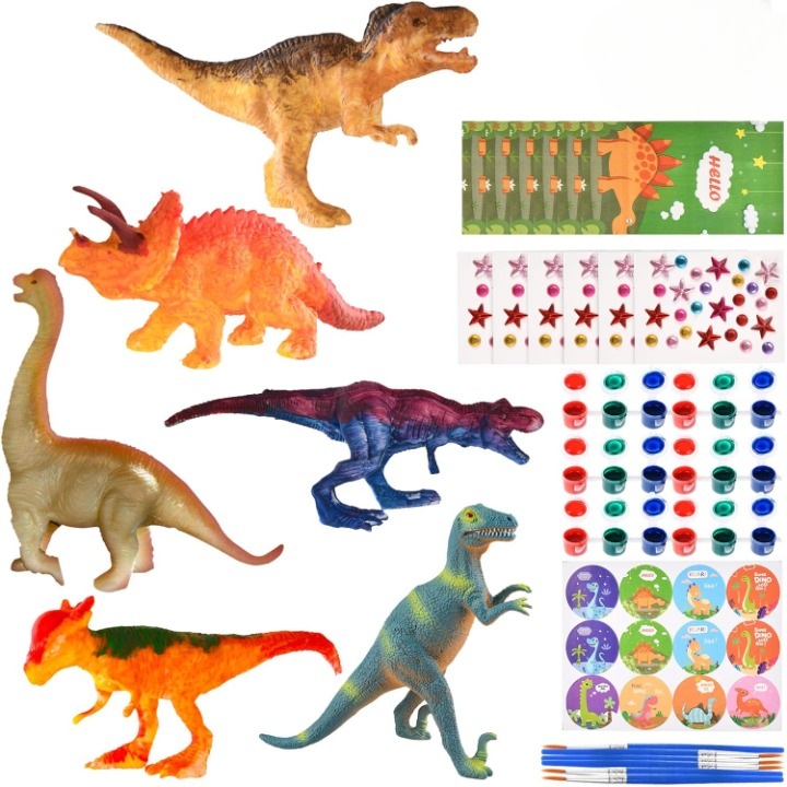 Kit pentru pictat jucarii dinozauri, OSDUE, Set cu figurine si vopsea, pensule, strasuri, abtipilduri si pungi, pentru creatie DIY copii 3 ani+, Multicolor