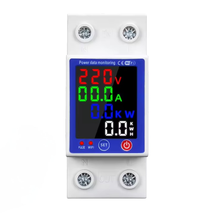 Contor de energie Tuya Smart WiFi, afisaj color, protectie supra/subtensiune, protectie scurgeri tensiune reglabil 1-63A monitor energie