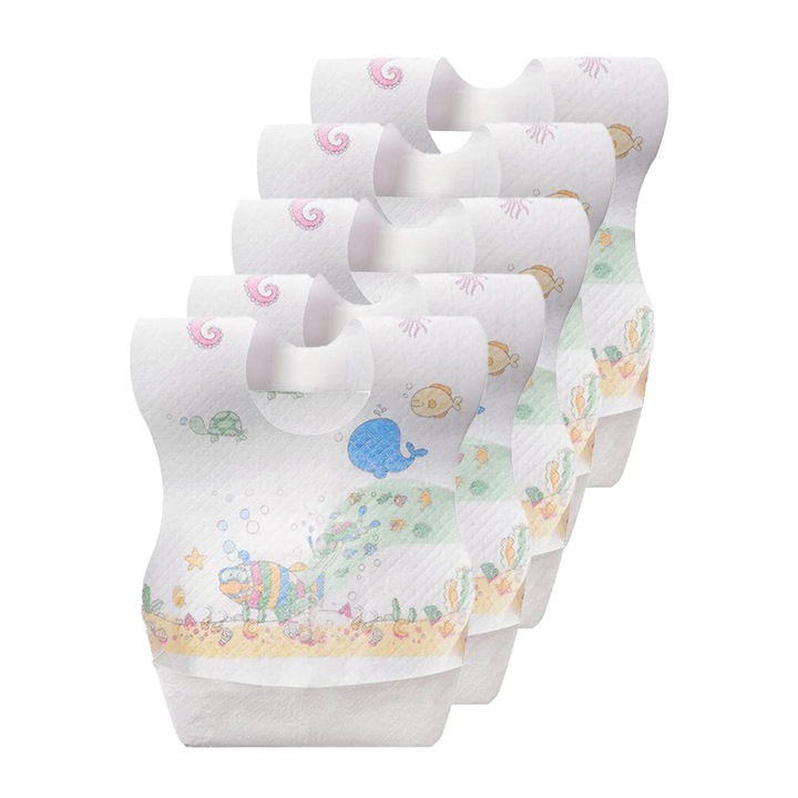 Bavete de unica folosinta, set 50 de bucati, tesatura netesa, ambalate individual, antipenetrare in 3 straturi, respirabile, reglabile, 36cm x 24cm, potrivite pentru 1-6 ani, multicolore