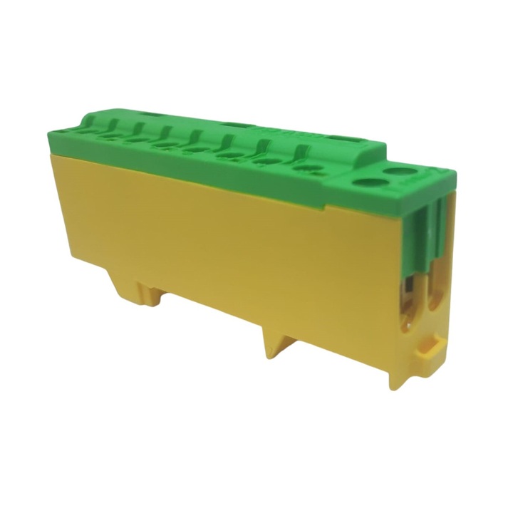 Clema terminala galben-verde PE 80A 690V 2x1, 5 - 10/16 mm² si 8 x 1, 5 - 6 mm² derivatie distributie impamantare, montare pe sina