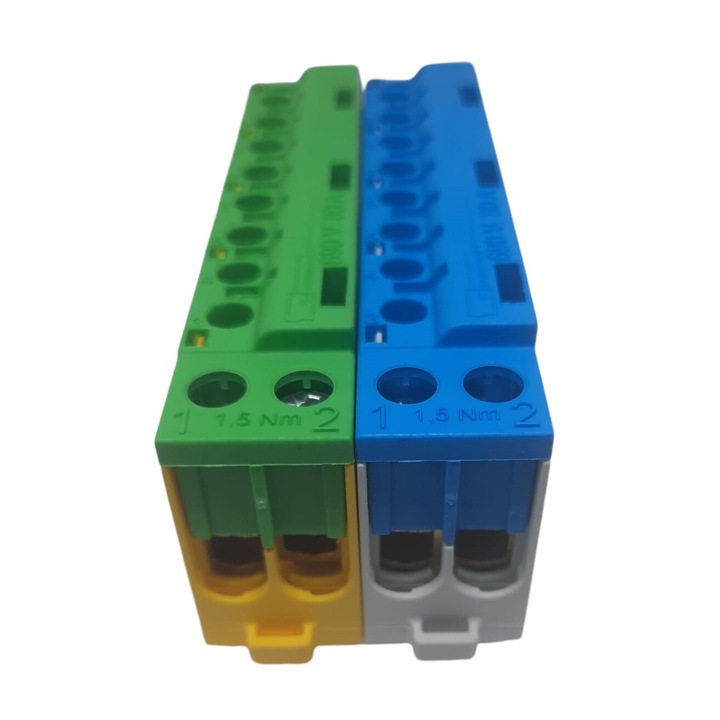 Set cleme terminale galben-verde PE si albastra N 80A 690V 2x1, 5 - 10/16 mm² si 8 x 1, 5 - 6 mm² derivatie distributie impamantare si nul, montare pe sina