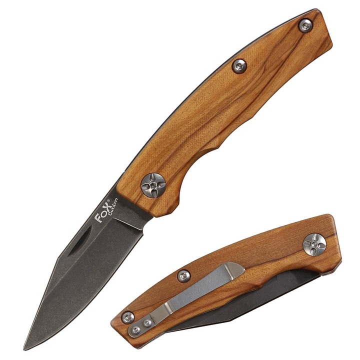 Cutit pliabil FOX Outdoor, lemn, 8cm lama, clip curea, 18cm