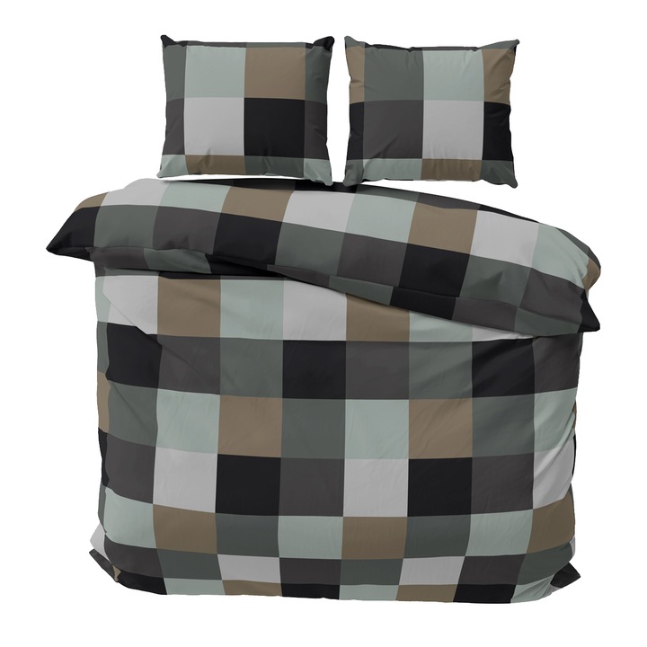 Lenjerie de pat pentru 2 persoane Premium Vis Dion Dilios, 100% viscoza, 140 TC, cearsaf pilota 200x215 cm, 2 fete de perna 50x70 cm, model patrate, 3 piese