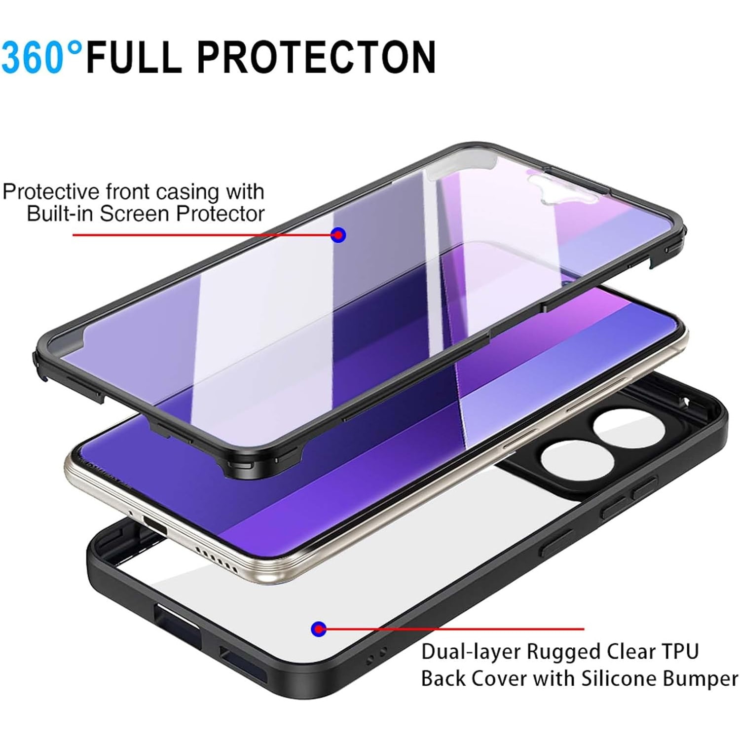 Pachet 360: Husa cu folie integrata pentru Xiaomi Redmi Note 13 Pro+ Plus 5G Cover360 fata / spate - negru