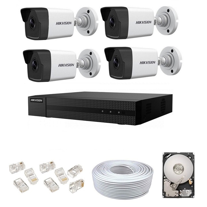 Kit de supraveghere video complet IP POE Hikvision 4MP, IR 30 m, 1 TB