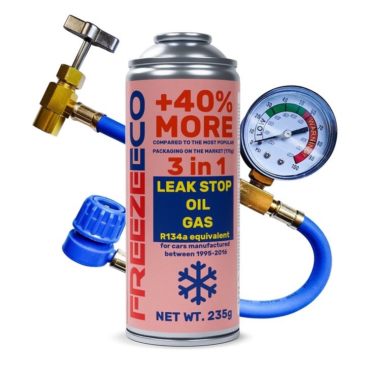 Set FreezeEco 3 în 1 pentru climatizare R134a, cu ulei și etanșant, 500ml