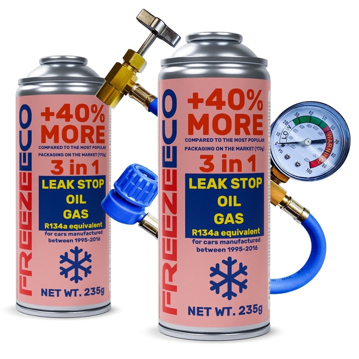 Комплект FreezeEco 2x 3 в 1, R134a заместител на климатика, с масло и уплътнител, многоцветен, 500 мл