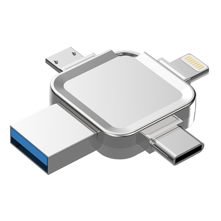 1TB стик памет, мултифункционален 4 в 1, бърз трансфер между устройства, iPhone и USB 3.0 Type-C OTG съвместимост, 4 вида връзки, висока скорост, водоустойчив, сребрист