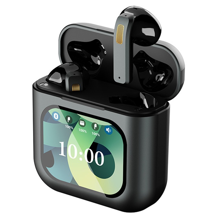 Casti Wireless fara fir Zennic® VisionBuds, Display Inteligent, Functie localizare casti, Functie apelare, Smart case, Control foto, Muzica offline, Eliminare zgomot, Control tactil, Autonomie extinsa, Compatibilitate universala
