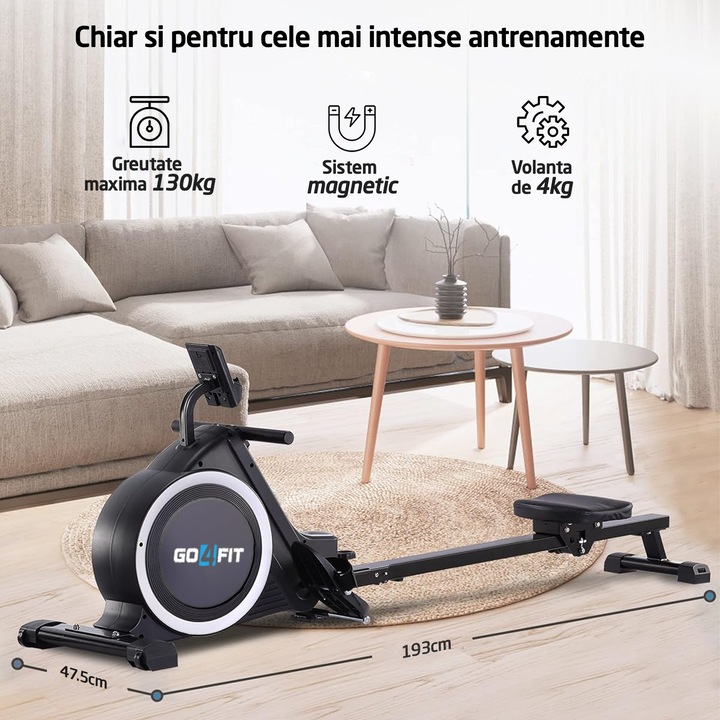Aparat Vaslit GO4FIT® Model R100, Volanta Magnetica 4kg, Greutate Suportata 130kg, 16 Trepte, Bluetooth, Aplicatii, Kinomap, Zwift, FitShow, Pliabil, Suport Telefon, Afisaj Digital