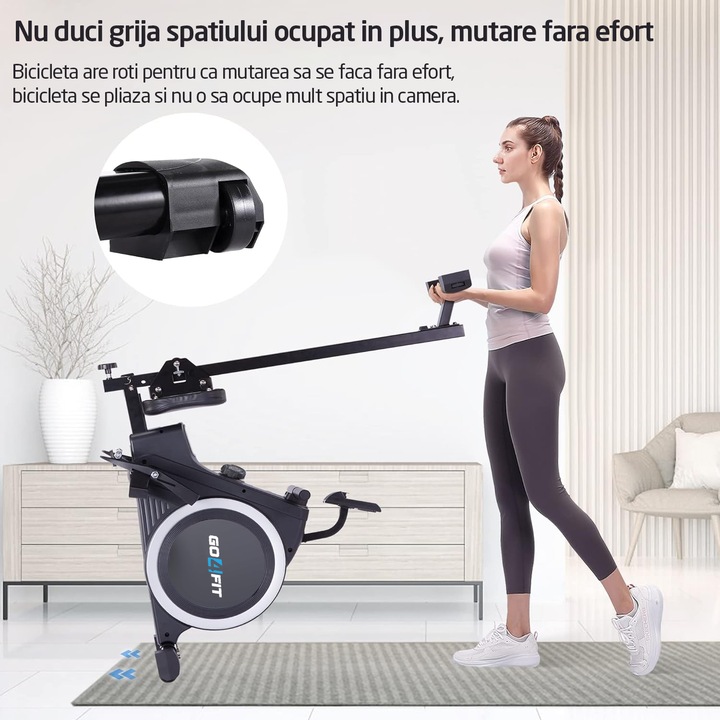 Aparat Vaslit GO4FIT® Model R100, Volanta Magnetica 4kg, Greutate Suportata 130kg, 16 Trepte, Bluetooth, Aplicatii, Kinomap, Zwift, FitShow, Pliabil, Suport Telefon, Afisaj Digital