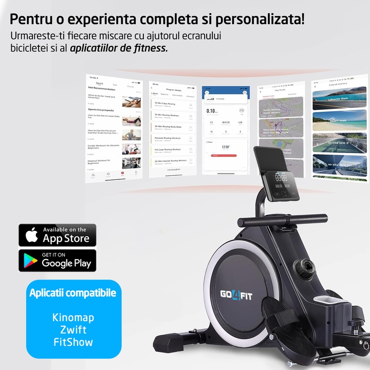 Aparat Vaslit GO4FIT® Model R100, Volanta Magnetica 4kg, Greutate Suportata 130kg, 16 Trepte, Bluetooth, Aplicatii, Kinomap, Zwift, FitShow, Pliabil, Suport Telefon, Afisaj Digital