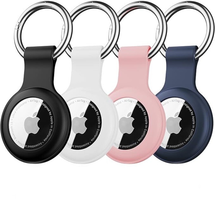 Комплект от 4 защитни капака Air Tag, JENUOS®, съвместим с Apple, силикон, ключодържател, против загуба с метални скоби, многоцветен