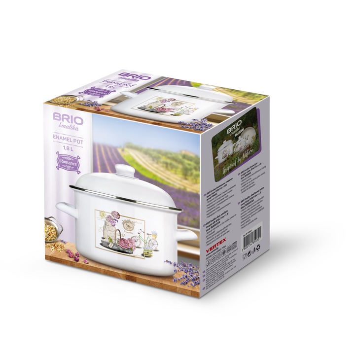 Емайлирана тенджера Brio Emaliкa, права, бяла, Ø18х11см-1.8л, декор Романс