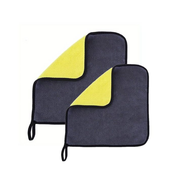 Set de 2 lavete din microfibra, pentru curatarea auto, gospodarie si geamuri, super absorbante, stergere fara scame, multifunctionale, gri/galben, 30x30 si 40x40 cm