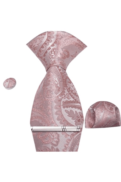 Set Cravata, Batista, Butoni si Ac, Culoare Roz Pal, 150 x 8.5 cm, Model Floral, 100% Matase