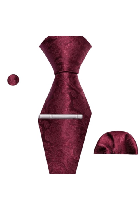 Set Cravata, Batista, Butoni si Ac, Culoare Rosu, 150 x 8.5 cm, Model Floral, 100% Matase