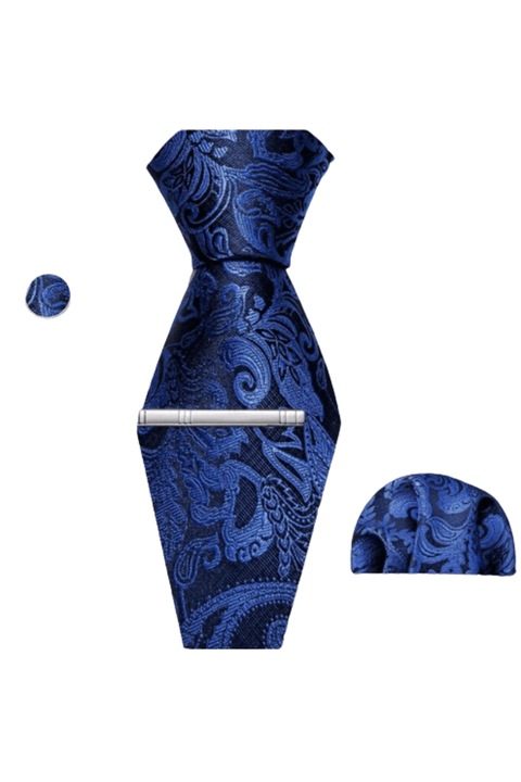 Set Cravata, Batista, Butoni si Ac, Culoare Albastru cu Negru, 150 x 8.5 cm, Model Floral, 100% Matase