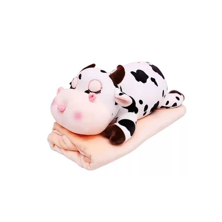 Set jucarie de plus si patura, Vacuta, 50 cm, alb/negru