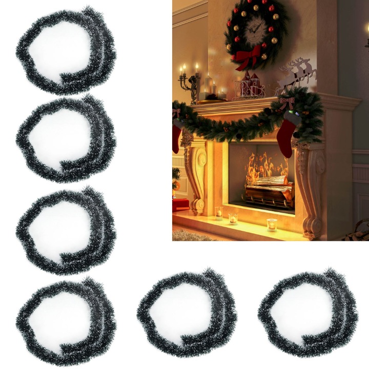 Комплект от 6 броя коледни гирлянди, тъмнозелени и бели, декоративни, пластмасови, за врата и парти