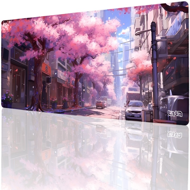 Mousepad TILT Sakura City, 90x40cm, antiderapant, margini cusute manual, negru