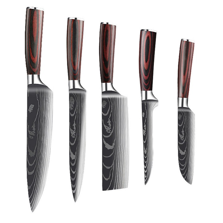 Set cutite profesionale, 5 piese, maner Deluxe Pakkawaood, din otel carbon, cu duritate HRC 62+, calire cu laser, ergonomice, cu aspect elegant de Damasc, pentru bucatarie si macelarie, cutie prezentare, OptimStar®