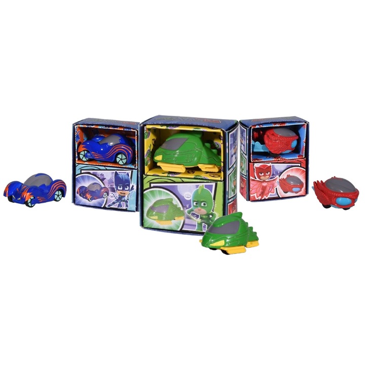 Set 3 masinute metal mini diecast, PJ Masks, Pisoiul Connor, Sopi Gekko, Bufnita Amaya, 5cm, Gri multicolor