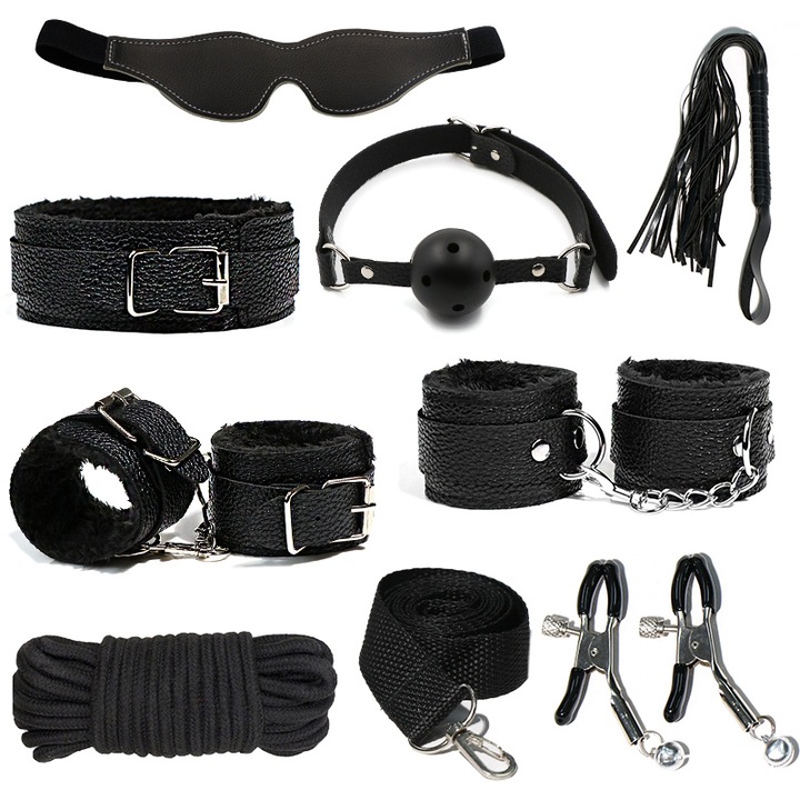 Set BDSM DEACOWER, 10 piese, Eco Piele, Manere Ajustabile, Negru