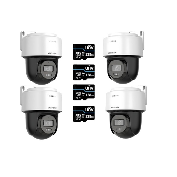 Pachet 4 Camere video PTZ cu Card Memorie 128GB, Auto-Tracking, IP PoE, 4MP, 2.8mm, Mic, Speaker, IR si ColorVu 30M, Card 128GB, HIKVISION - PAC4PT-4A2812GBWG