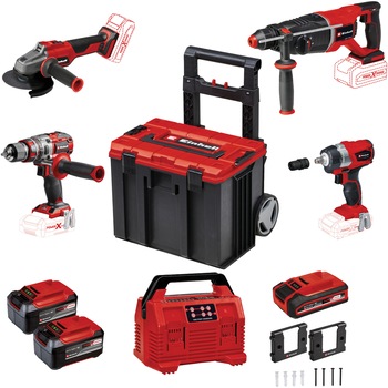 Set Einhell Profesional Power X-Change pe acumulator, Masina de gaurit si insurubat cu impact, Surubelnita cu impact, Ciocan rotopercutor, Polizor unghiular, cutie scule tip troller, 3 acumulatori, incarcator, suport montare acumulator pe perete